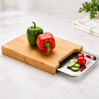 Tocător din Bambus cu Tavă de Depozitare din Oțel img2